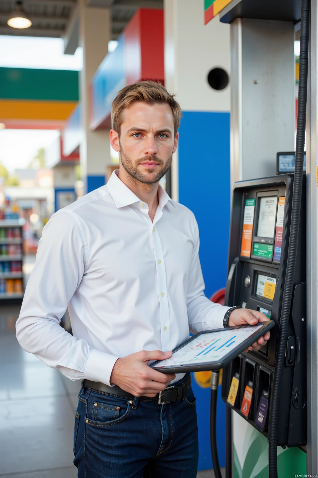 Realistic high quality photo. Male, 37, short blonde hair, blue eyes, pale skin, wearing a crisp white shirt and dark jeans, standing beside a gas station pump in a brightly lit convenience store, holding a tablet displaying spreadsheet fee calculations with a calm focused expression.