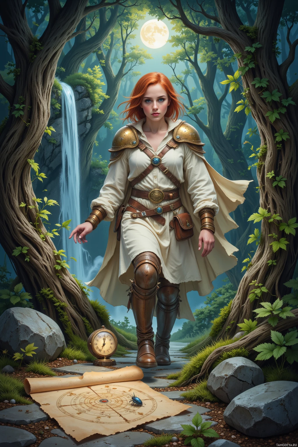 Realistic high quality photo. Young woman with bright green eyes, fiery red messy bob, fair skin, wearing a white tunic under light brown leather armor and a gold‑trimmed flowing cloak, holding a worn satchel, chasing a silver beetle through a labyrinth of moonlit vines in a twilight forest, with an upside‑down parchment map on moss, a spinning compass on a stone, a tea‑scented waterfall glowing nearby, and glimmering pebbles scattered around.