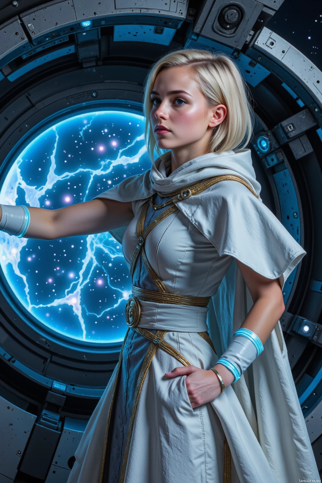Realistic high quality photo. Female, 30, short asymmetrical blonde hair, blue eyes, pale skin, wearing a flowing silver cloak and glowing bracelets, stands at midnight on an orbital dock calibrating a holographic empathic lattice while low‑frequency hums vibrate the ship, data storms swirl before her neural interface, metallic recycled air glows through a viewport of star patterns, her calm yet tense posture embodies precise orchestration amid crew anxieties.