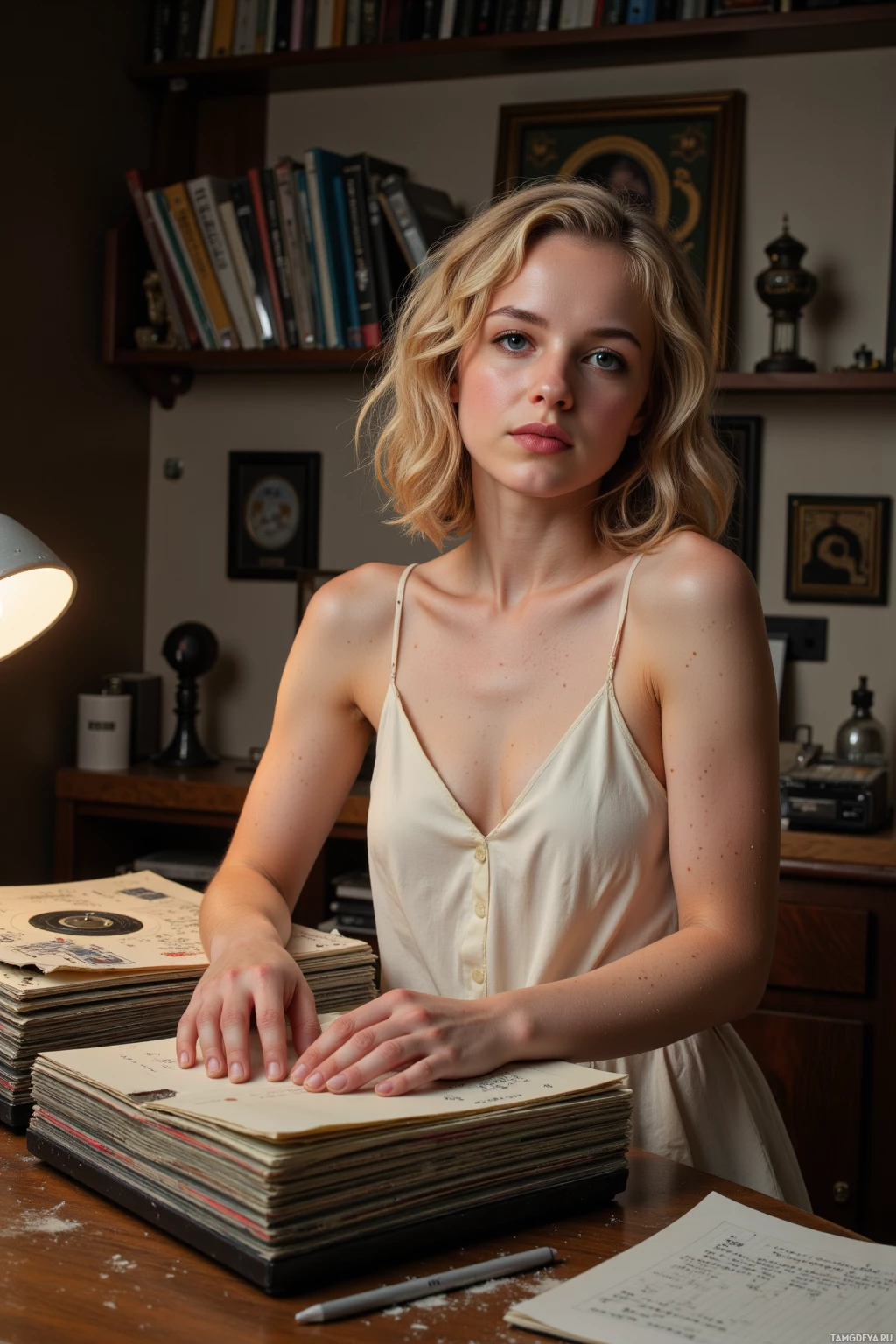 Realistic high quality photo. Female archivist, 31, with curly blonde hair, blue eyes, pale skin, wearing a cream‑colored dress, gently cleaning a stack of scratched vinyl records in a quiet studio with a turntable, dusty air swirling, a notebook full of theories on a nearby desk, warm lamp light illuminating the scene.