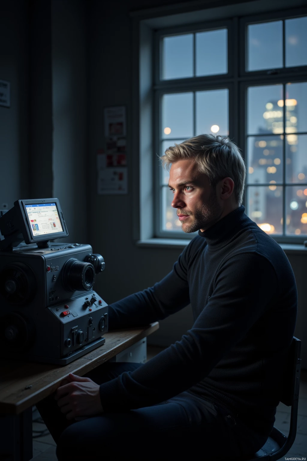 Realistic high quality photo. 31‑year‑old man with silver‑blonde short hair, pale skin, gray eyes, angular features, wearing a dark turtleneck seated in a dim studio beside a humming projector, watching its flickering film while a window shows the chaotic glow of a city nightscape outside.