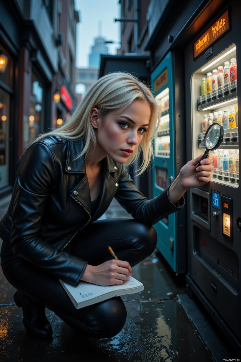 Realistic high quality photo. Focused woman with platinum blonde hair and piercing blue eyes, in a sleek black leather jacket and dark trousers, crouched in a dim, rain‑slicked alley at twilight, interrogating a metallic vending machine with flickering LEDs, holding a notebook and magnifying glass as she deciphers a cryptic error code.