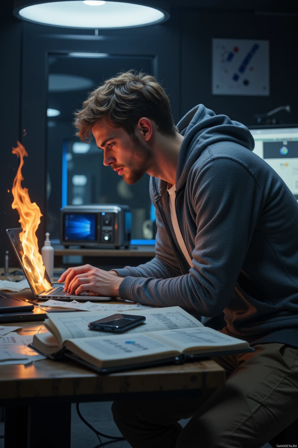 Realistic high quality photo. Male 34 with light brown curly hair, blue eyes, fair skin in a gray zip‑up hoodie over white t‑shirt and beige cargo pants, hunched over a dark‑mode laptop in a dim futuristic tech lab at night, a glowing toaster emitting dragon‑like flame beside his misplaced phone and a printed socks spreadsheet spread on the workbench.