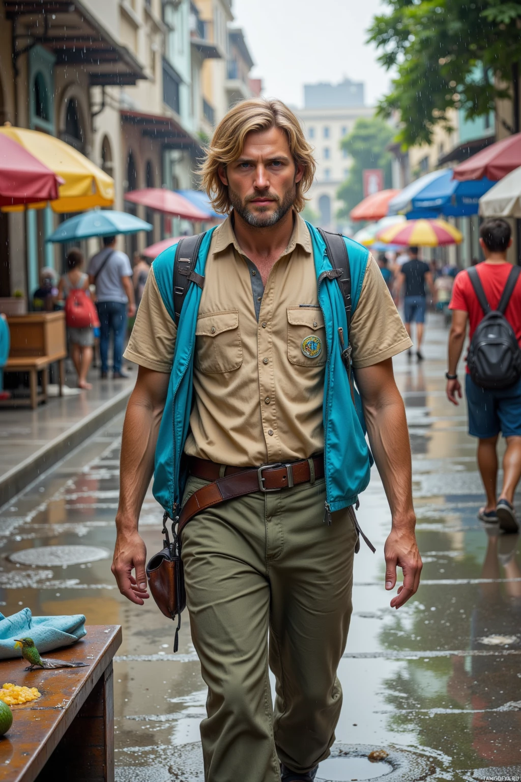 Realistic high quality photo. Male, 33, shoulder-length blonde hair, blue eyes, short blonde beard, wearing a sand-colored hiking shirt, loose olive travel pants, tied sky-blue windbreaker, walking through a rainy city street toward a small park, holding a broken umbrella, a vendor with a strange fruit in hand, a pothole shaped like Paraguay in the distance, a hummingbird nearby, a sunburn badge on his arm, surrounded by local pedestrians and a feather on a bench.