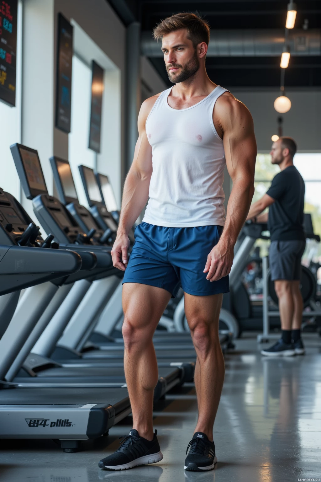 Realistic high quality photo. A 27‑year‑old man with short brown hair and blue eyes in a white tank top, blue athletic shorts, and sleek black running shoes standing alone in a quiet gym late afternoon, aligning laces on polished concrete while glancing at split times on a treadmill display, his slight smile reflecting dry humor as teammates lag behind on another treadmill.