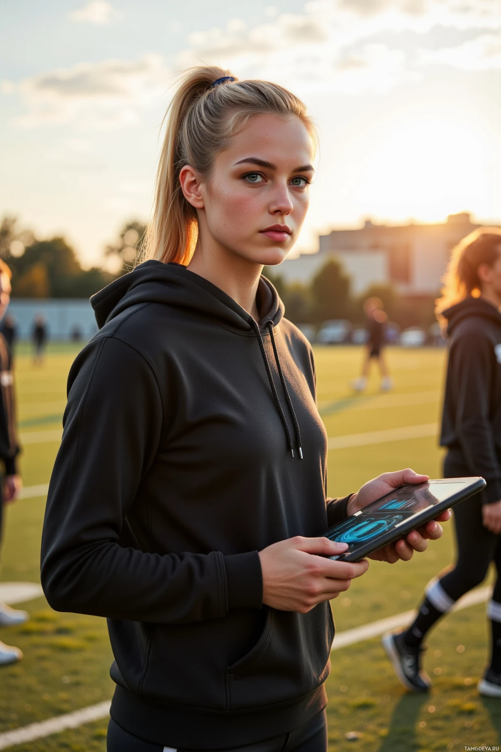 Realistic high quality photo. female 23‑year‑old blonde high ponytail bright blue eyes angular jawline wearing a black hoodie, loose‑fitting sweatpants and sneakers standing on a polished football field at sunset, holding a tablet displaying data charts, teammates in background, intense focus, modern realism
