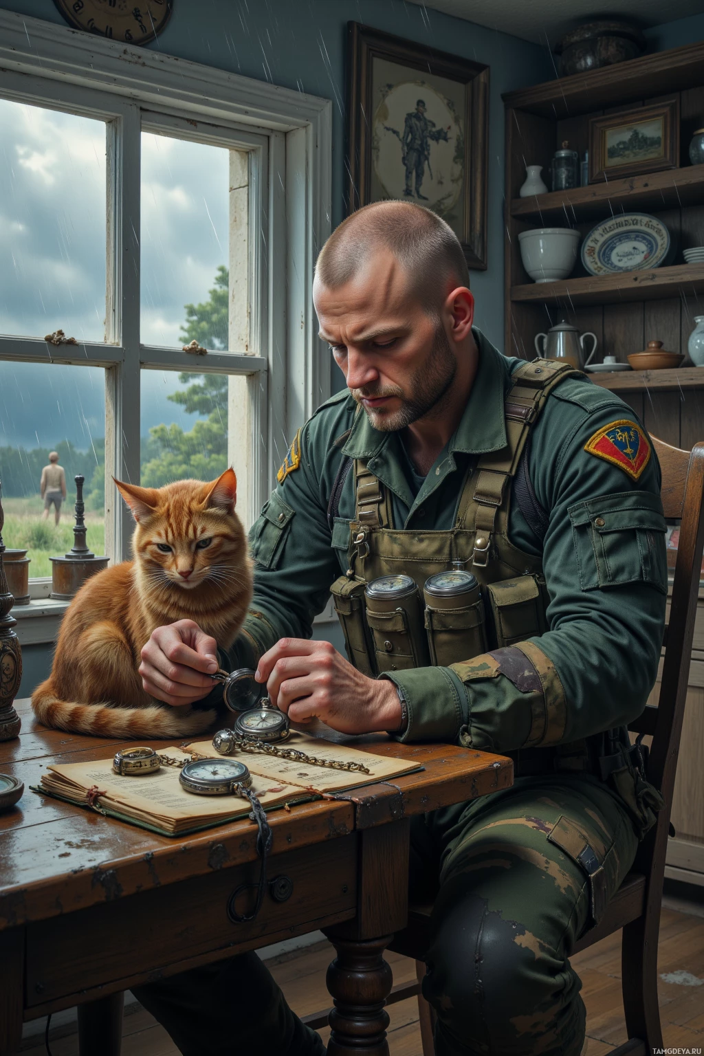 Realistic high quality photo. A disciplined male military veteran, 32, with buzzed blonde hair and piercing blue eyes, pale skin, wearing camouflage cargo pants, utility vest, and combat boots, sits at a wooden kitchen table in rain, polishing an old pocket watch while his cat sleeps on a tactical notebook, storm clouds swirling outside the window.