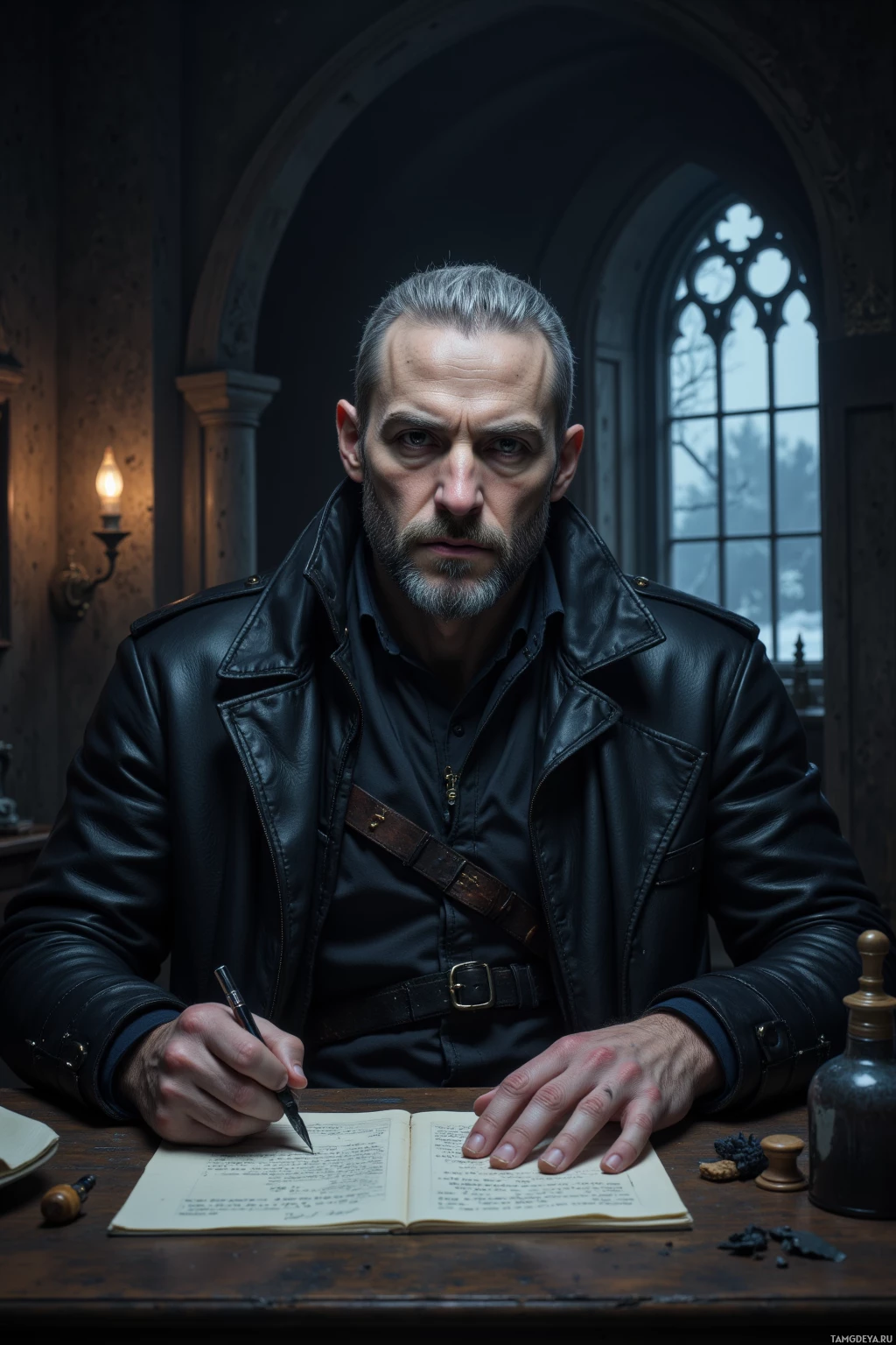 Realistic high quality photo. Midnight in a dim, shadow‑filled room, a tall 40‑year‑old man with volcanic ash‑gray hair, intense brown eyes, pale skin, dark leather clothing, and a serious expression sits at a wooden desk under the pale glow of a waning moon, ink spilling like a secret river across parchment, shadows twisting across the table, a cracked window letting wind whisper forgotten myths as he writes with brooding, enigmatic focus.