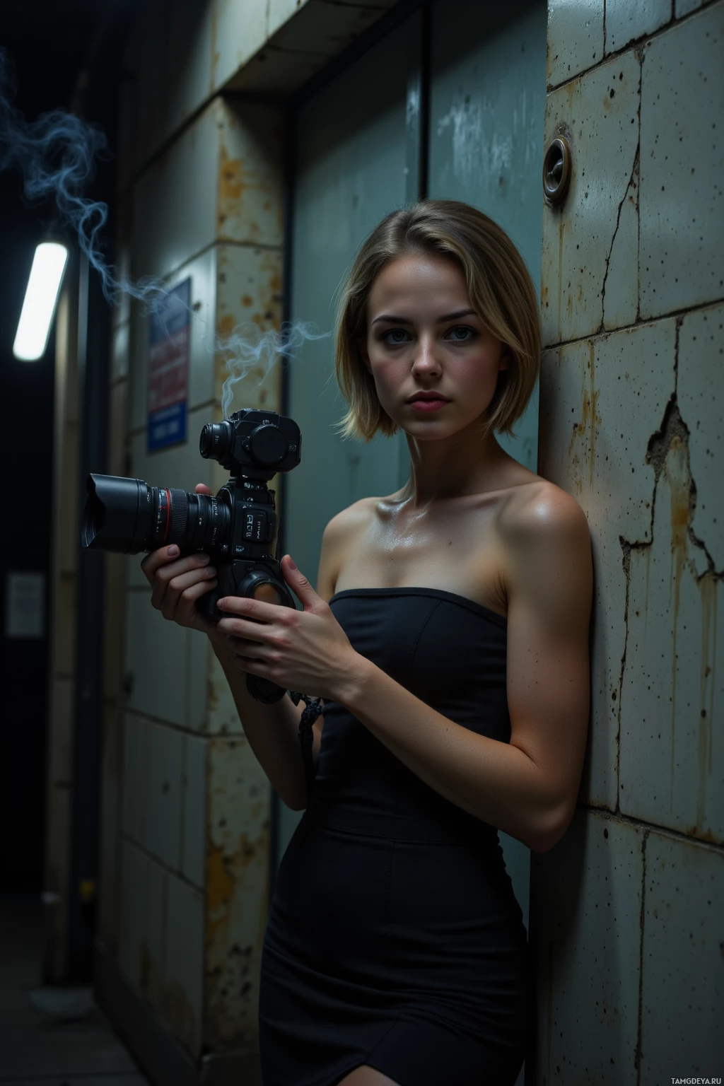 Realistic high quality photo. Female filmmaker, 26, short dark hair with blonde highlights, piercing blue eyes, sharp angular features, wearing a sleek black dress, standing in a dimly lit back alley beside cracked subway doors at midnight, holding an oil‑soaked camera like a weapon against injustice while a vent nearby emits faint steam.