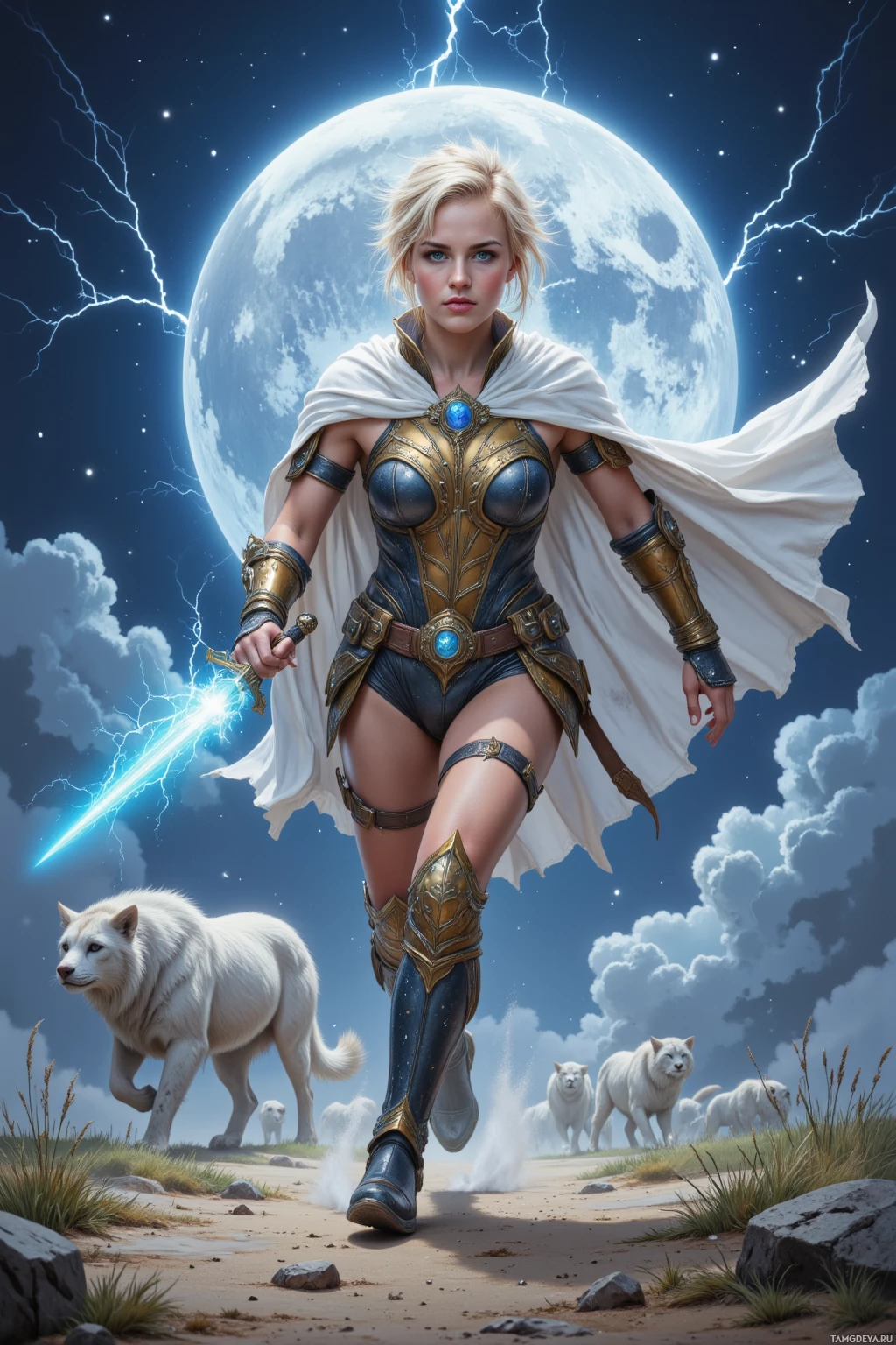 Realistic high quality photo. Female warrior with short spiky blonde hair, piercing blue eyes, athletic build wearing cheetah print armor, knee‑high boots and a flowing white cape, silver mane rippling in wind, dashing across a moonlit plain beneath star constellations, lightning sparks trailing her, determined expression protecting unseen allies.