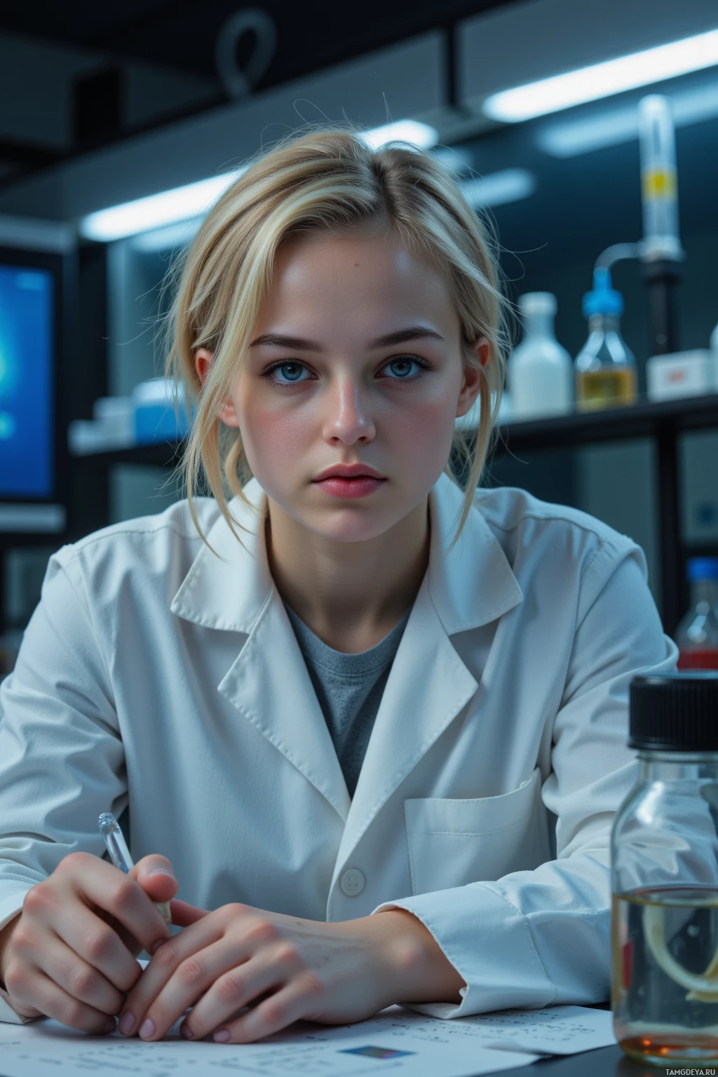Realistic high quality photo. A young woman, 22, with short messy blonde hair, bright blue eyes, fair skin, wearing a slightly stained white lab coat, hunched over a stainless steel beaker bubbling with a new chemical reaction under dim sodium lamps in a late‑night laboratory, surrounded by glassware, safety goggles, a digital display, and stacks of research notes, her expression intensely focused and determined.