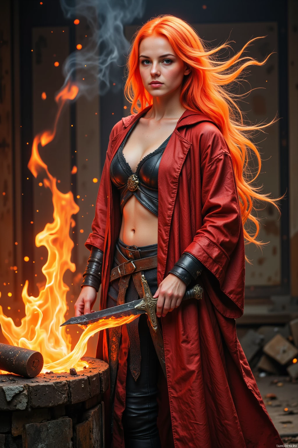 Realistic high quality photo. A fiery woman with long glowing red hair flickering like flames, bright green eyes and a flowing lava‑patterned robe stands beside a blacksmith's forge, holding a sword whose edge crackles with sparks as molten metal pools below her feet, exuding confident focus amid swirling heat.