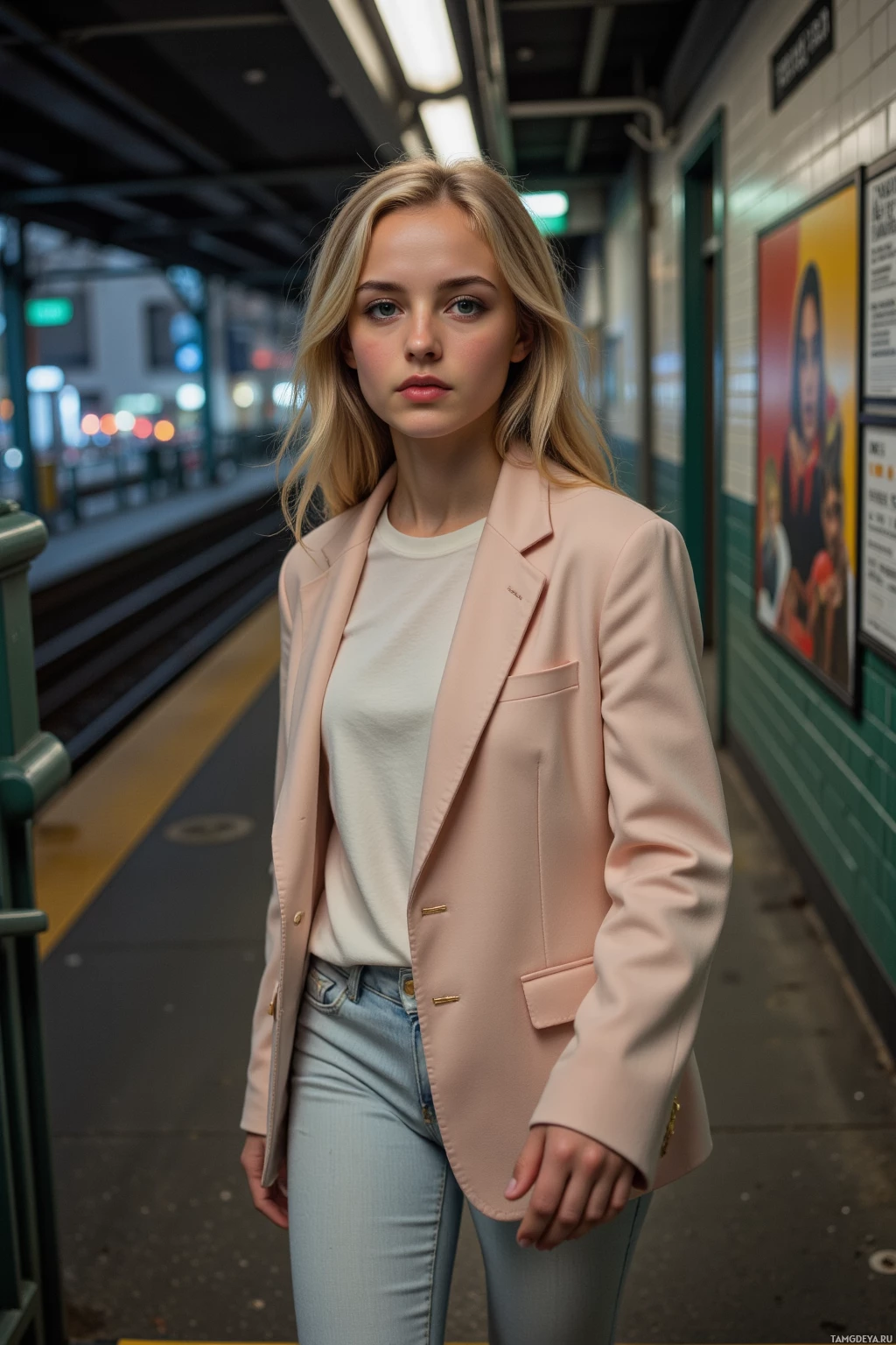 Realistic high quality photo. 21‑year‑old woman with long blonde curls and green eyes, wearing a pastel thrift‑store blazer and casual streetwear, confidently walking up a subway stair as a makeshift runway against a dimly lit city street background, early evening.