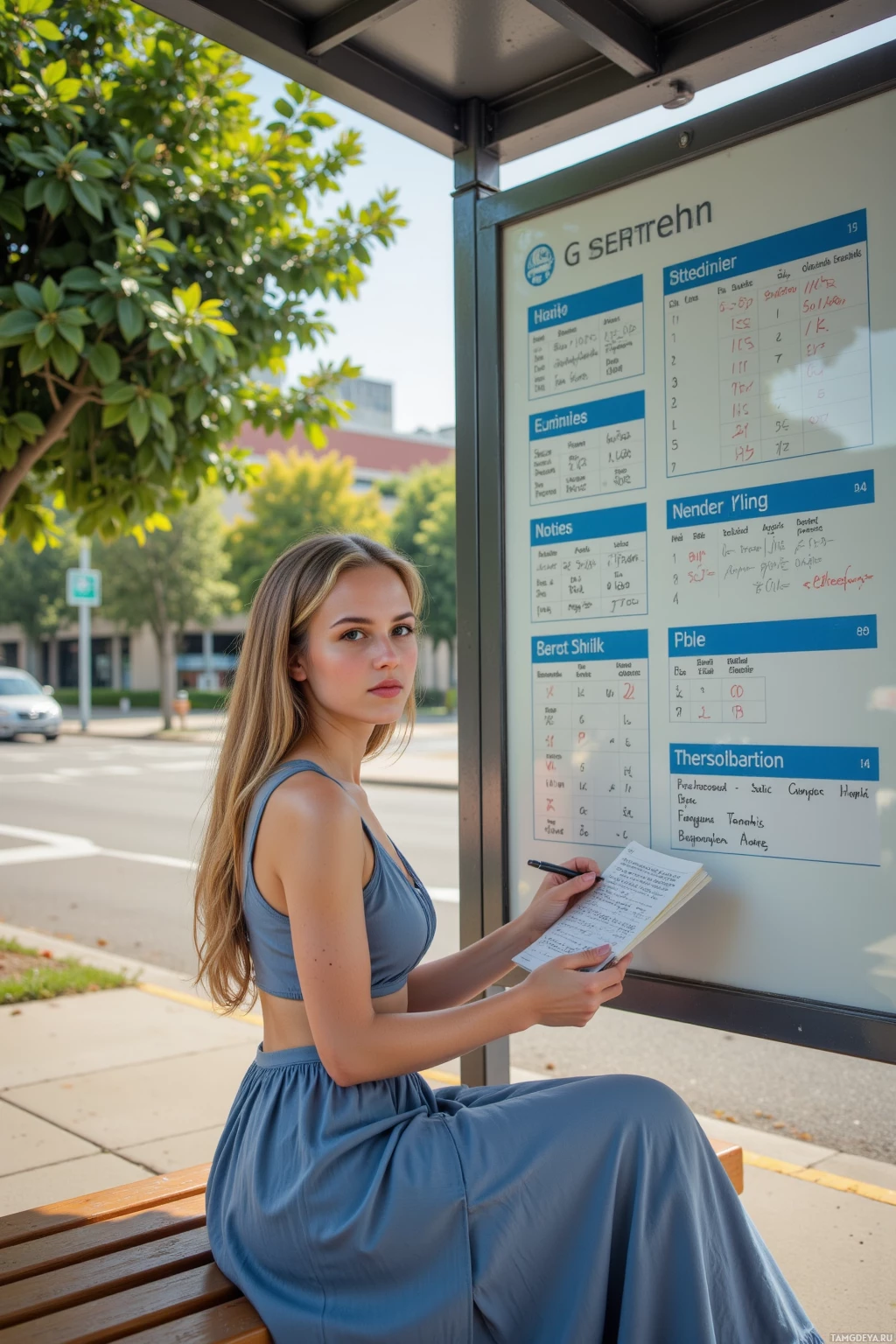 Realistic high quality photo. A 30‑year‑old woman with long curly blonde hair and blue eyes, wearing a flowing layered gown reaching the ankles, sits at a modern bus stop shelter under midday light, holding a bus timetable and intently tracing the typo “sereen” on the notice board with a pen in a notebook beside her, a leafy tree and wooden bench nearby.