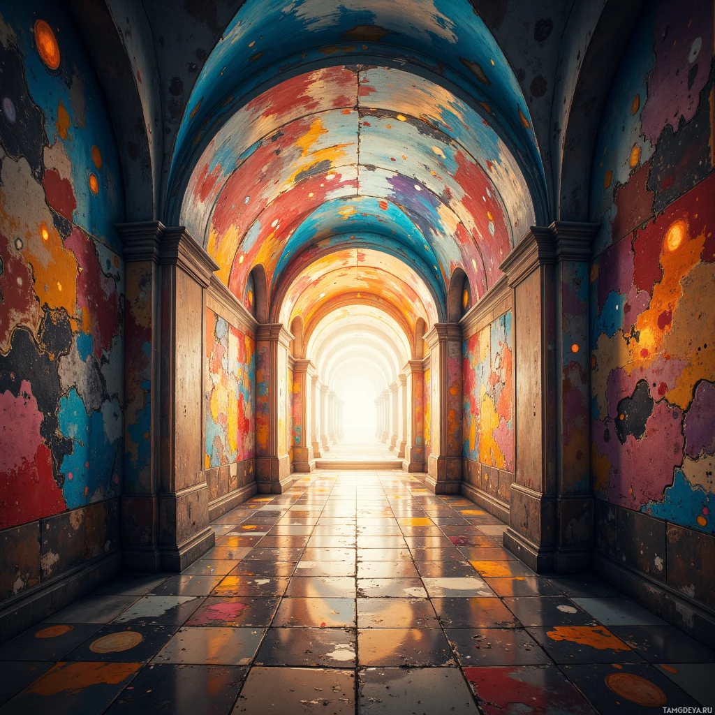Semi-abstract image with many empty light space at center of beautiful background, that is suitable for the post:  The corridor hums like a well‑tuned watch; every footfall echoes my vigilance.