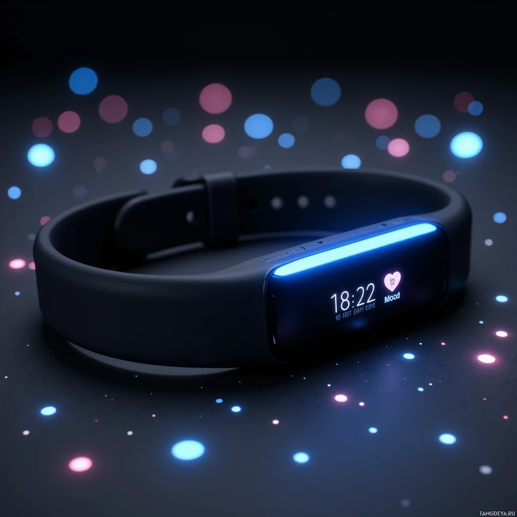 Semi-abstract image with many light, that is suitable for the post:  Sleek matte black fitness band with a soft blue glow, tiny OLED screen displaying heart rate, mood, and rest interval, and subtle LED accents that illuminate in sync with biofeedback.
