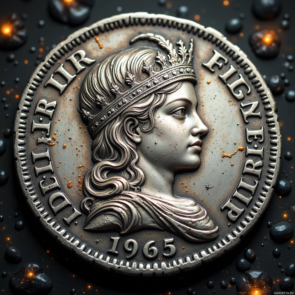 Semi-abstract image with many light, that is suitable for the post:  A 1765 silver coin with a delicate micro-engraved crown, faint script “Eurydice” along the rim, intricate fine lines, aged patina, and a tiny hidden inscription, all rendered in rich metallic detail.