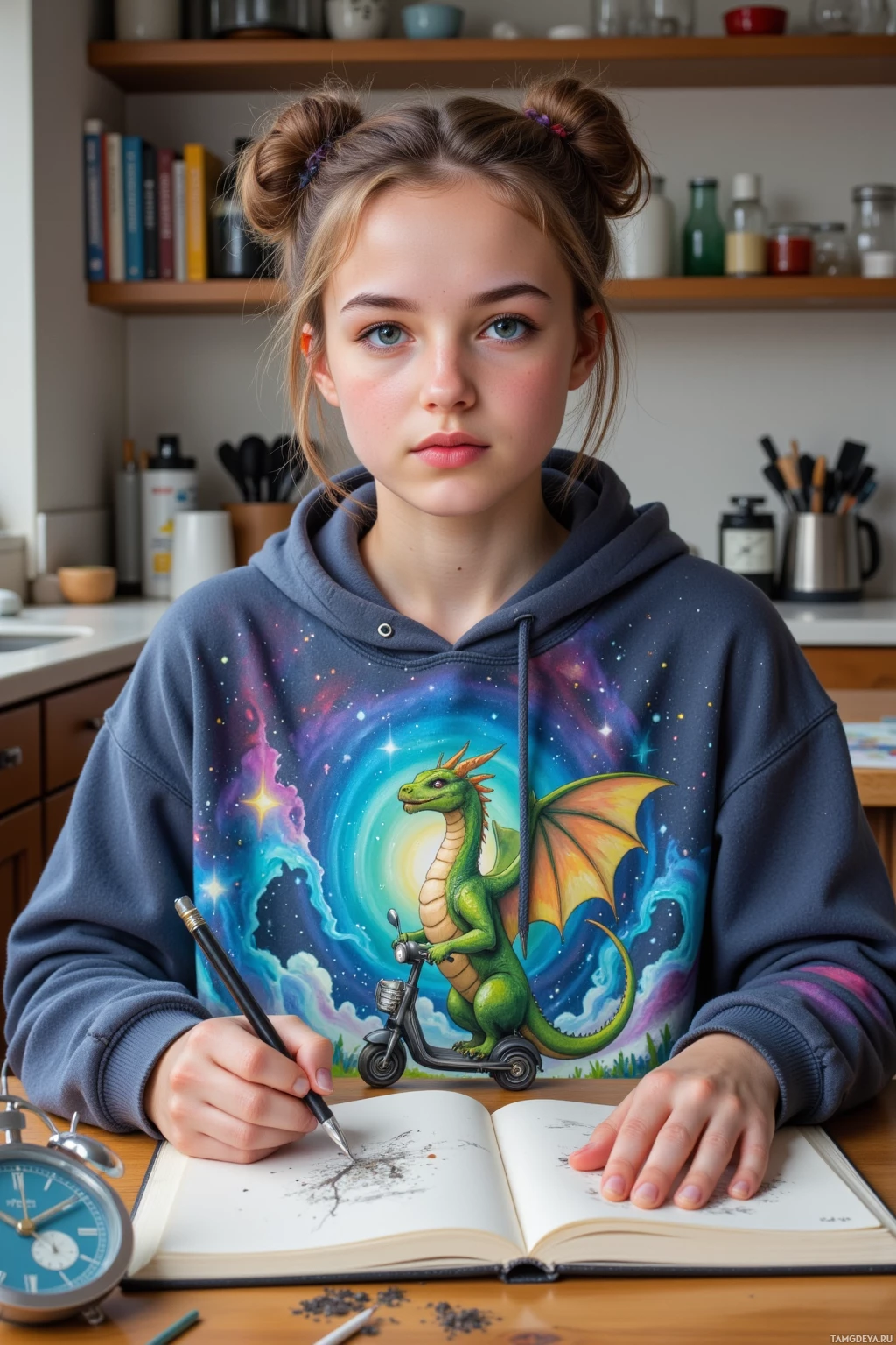 Realistic high quality photo. 20‑year‑old woman with light brown curly hair in twin buns, bright blue eyes, pale skin, wearing an oversized casual hoodie sits at a cluttered kitchen table with a ticking clock, sketching an entire galaxy on a notebook while doodling a dragon riding a scooter that looks ready to head into the grocery store; vibrant chaotic colors fill her spontaneous creative moment.