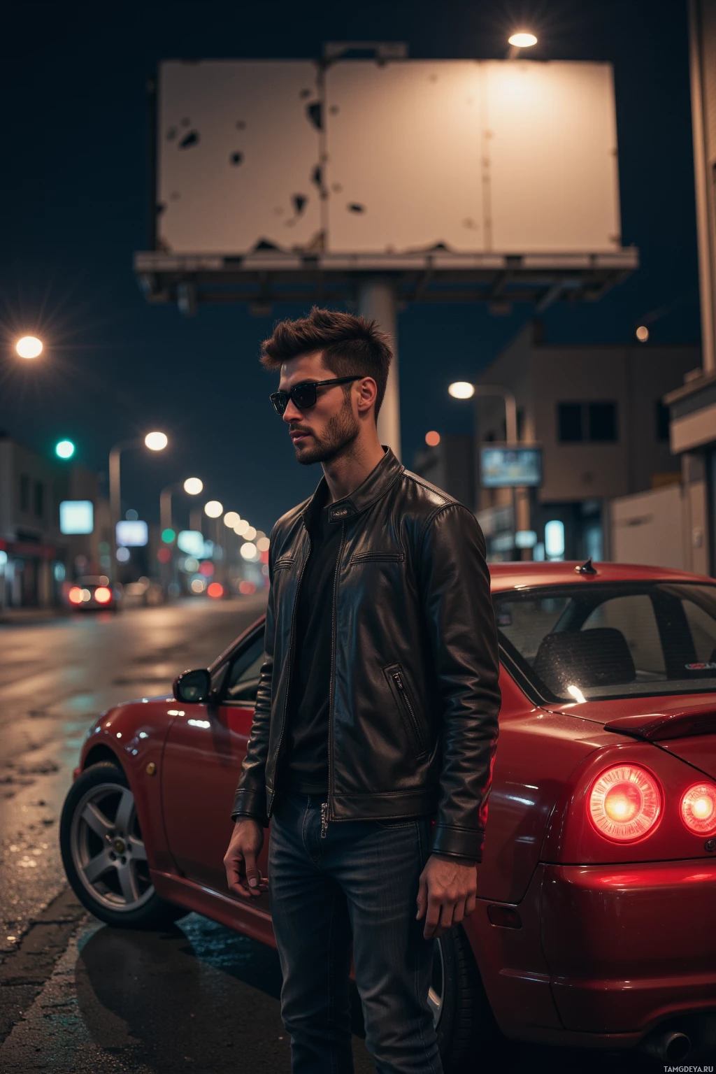 Realistic high quality photo. male, 28, short tousled dark hair, wearing a well‑worn leather jacket, dark sunglasses, casual urban clothing, standing under a broken billboard on a dark urban street at midnight, revving a sports car engine with flickering streetlights illuminating the scene.