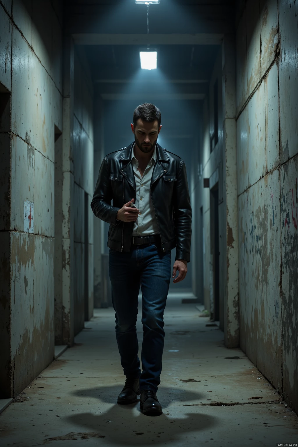 Realistic high quality photo. A rugged mid‑30s male with short black hair, wearing a black leather jacket over a white shirt, dark blue jeans and black boots, intensely rummaging through an abandoned warehouse at night under dim streetlight shafts, holding a notebook as he hunts for faint ink stains on concrete walls.