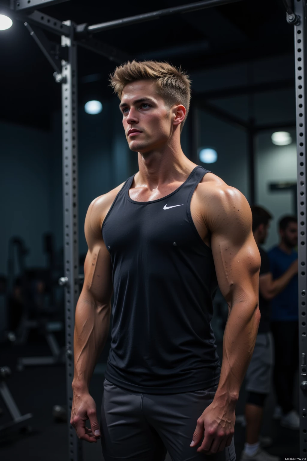Realistic high quality photo. 29‑year‑old lean male with short light brown hair and bright blue eyes, wearing a sleeved athletic top and fitted shorts, mid‑repetition in a dimly lit gym at dusk, focused breathing, determined expression, surrounded by polished equipment and subtle ambient lighting, late evening atmosphere.