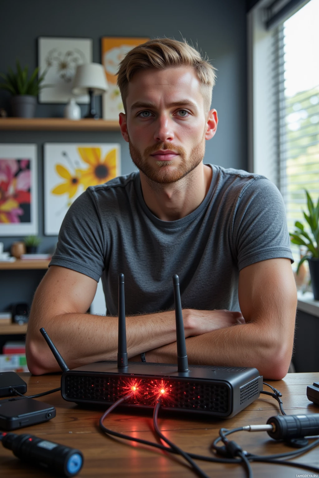 Realistic high quality photo. Male, 34, blonde hair, blue eyes, pale skin, neat beard, wearing a casual T‑shirt, standing at a cluttered desk in a modern home office with cables, a vintage router blinking red LEDs like tiny fireworks, soldering iron and small tools on the table, afternoon natural light filtering through blinds.