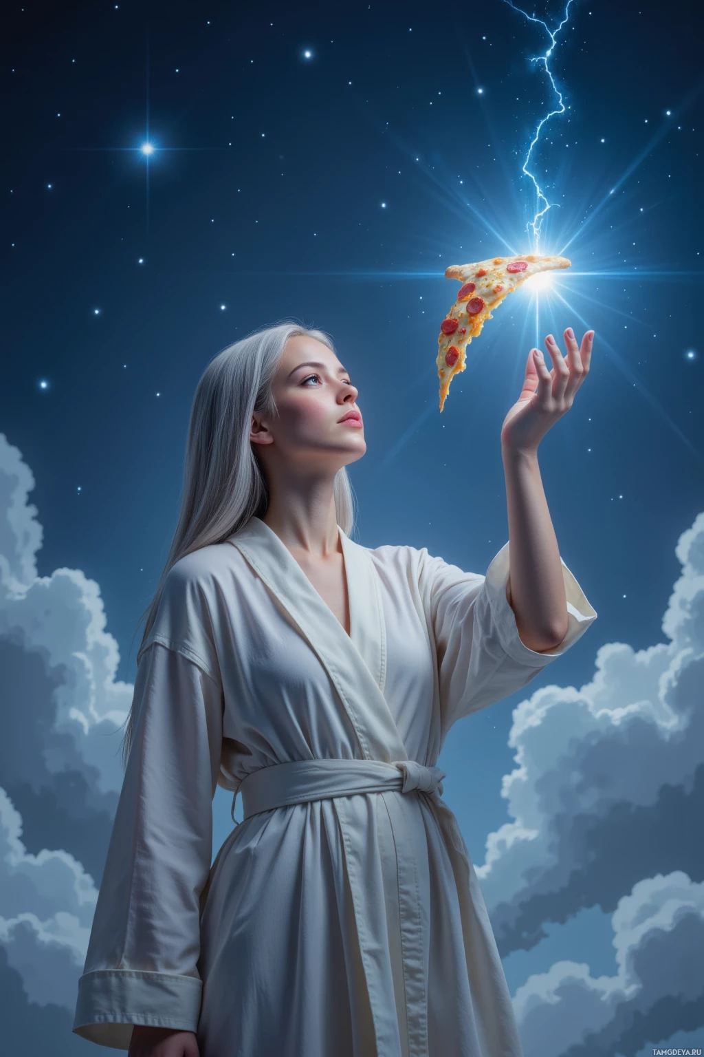 Realistic high quality photo. A 27‑year‑old woman with long silver hair, soft blue eyes, pale skin, wearing a translucent robe, stands in gentle nighttime fog under a starlit sky, one hand raising a glowing pizza slice that floats toward a bright constellation while she maintains a calm, introspective expression.