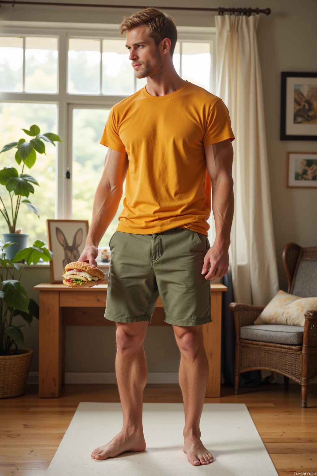 Realistic high quality photo. Tall muscular blonde man with warm blue eyes and a gentle smile, wearing a bright yellow t‑shirt, standing on a white yoga mat in a cozy living room at midday, offering a bear hug to an unseen friend while holding a sandwich in his other hand, with a framed bunny photo on the desk beside him.