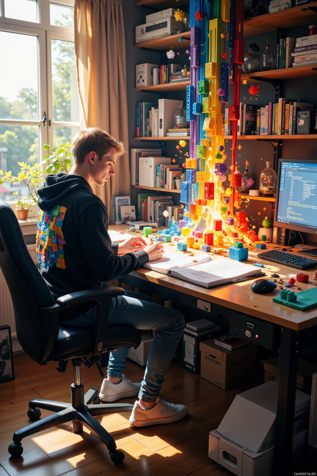 Realistic high quality photo. A young man with short blonde hair and bright blue eyes in a black hoodie featuring Lego bricks, jeans, and white sneakers works at his cluttered studio desk filled with exploded rainbow‑colored 3D printed parts, a towering stack of components, and an unfinished rail system, while a blueprint is set aflame beside a glowing code console under warm late afternoon light.