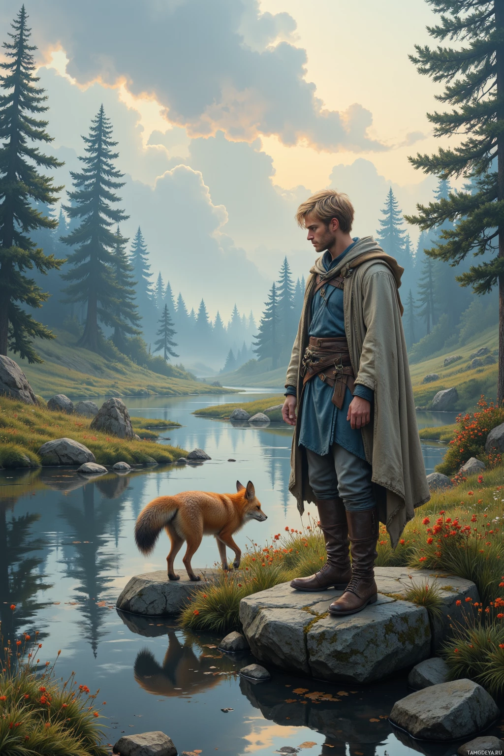 Realistic high quality photo. Male, 34, tall, short blonde hair, blue eyes, light skin, wearing a weathered light‑gray cloak, muted tunic, worn leather boots, trailing a fox across moss‑covered old stone beside a winding river while watching clouds align in a quiet, misty dawn atmosphere.