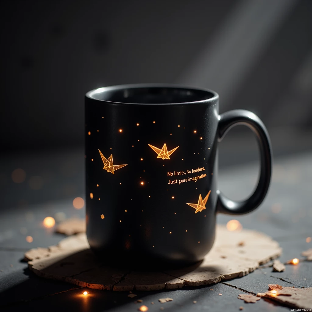 Semi-abstract image with many light, that is suitable for the post:  Matte‑black smart mug made of stainless steel, etched with a subtle origami airplane pattern, featuring a tiny OLED display on its side that illuminates dynamic quotes and slogans, highlighted by faint amber sensor indicator lights, all presented in sleek minimalist style.