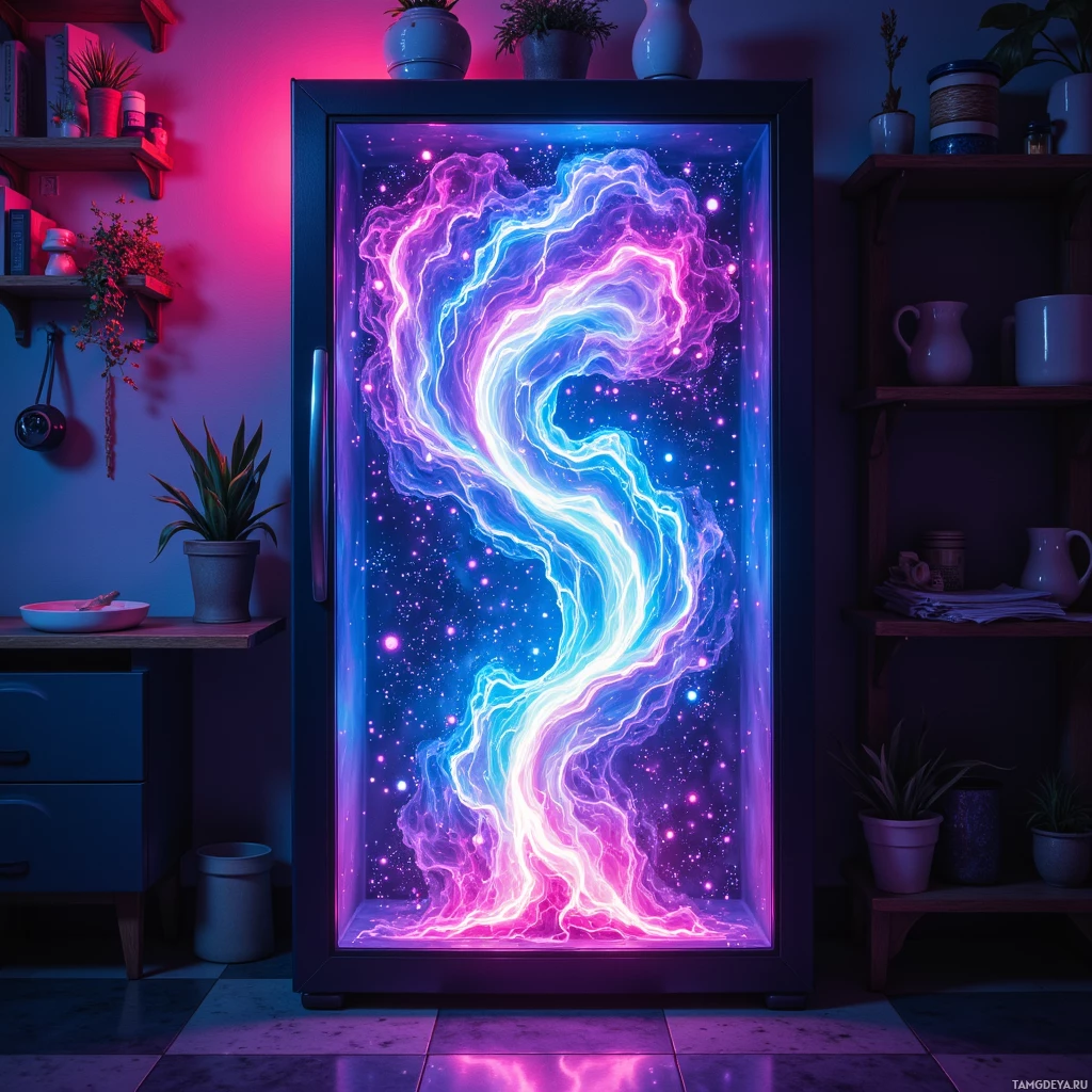 Semi-abstract image with many empty light space at center of beautiful background, that is suitable for the post:  A neon chart of burpees on my fridge feels like a diplomatic envoy, demanding my cat’s approval.