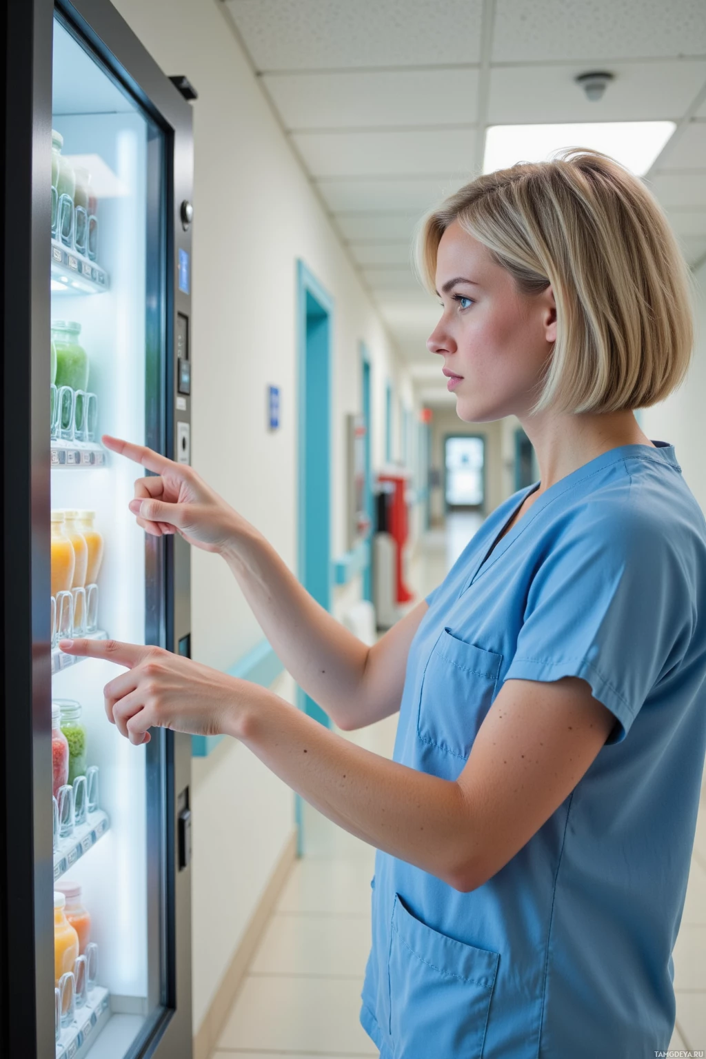 Realistic high quality photo. A 38‑year‑old woman with short blonde hair and blue eyes in light blue medical scrubs stands in a brightly lit hospital hallway, pointing at a vending machine that displays empty wrappers, a kale smoothie, and coin slots, with a focused yet slightly frustrated expression.