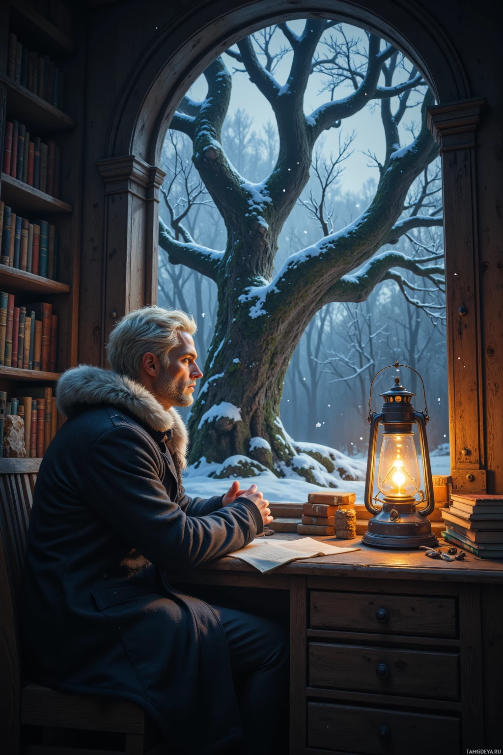 Realistic high quality photo. A 34‑year‑old male with pale skin, blonde hair, icy blue eyes wearing a thick fur‑lined winter coat with collar up sits at an old wooden desk in a dimly lit room, gazing through a window at an ancient oak draped in frost and silver ribbons while holding a flickering lantern that casts a gentle glow over stacks of books and quill pens, night outside.