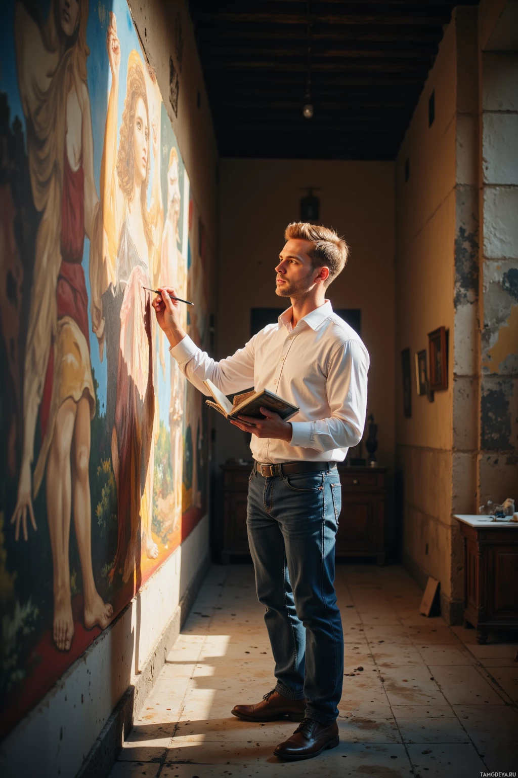 Realistic high quality photo. 34‑year‑old male with neatly styled blonde hair, brown eyes, sharp face, wearing a white button‑up shirt, dark‑washed jeans, polished dress shoes, standing in a dimly lit studio corridor, tracing brushstrokes on a fresco, notebook open and scribbling questions, evening light casting long shadows on the floor, focused and contemplative, modern realism.