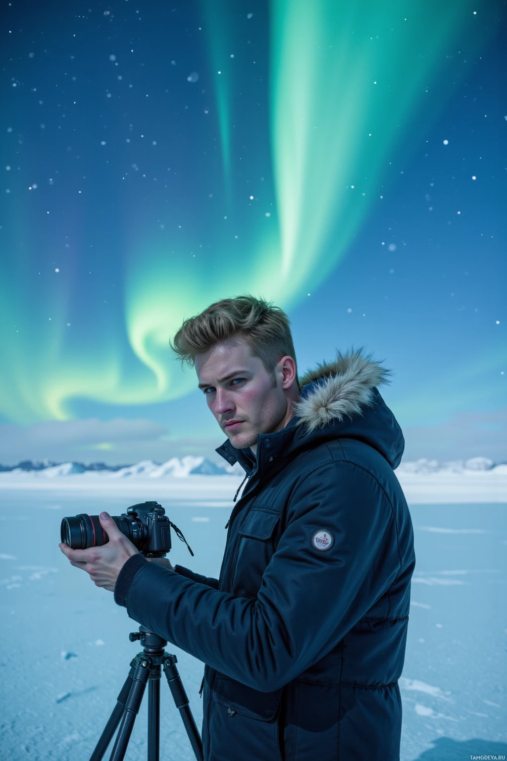 Человек в зимней куртке с фотоаппаратом стоит на фоне засневившегося пейзажа, на небе – северное сияние.
