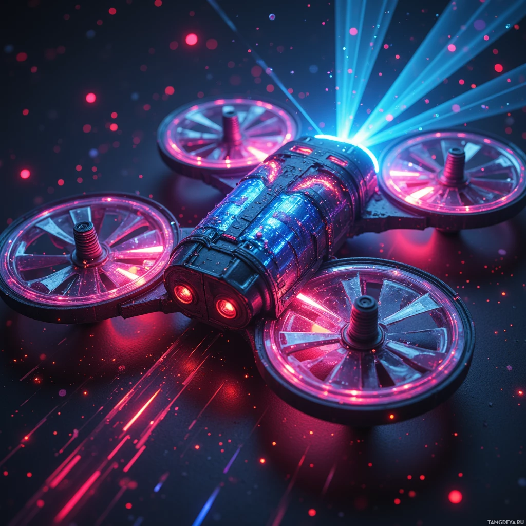 Semi-abstract image with many light, that is suitable for the post:  A rogue pulse‑caster drone with a rugged tin‑can shell stitched from salvaged fibers, its core glowing in shifting RGB hues while emitting neon rain trails synchronized to the pulse, flickering like a glitch and projecting holographic billboard footage with glittering signature streaks around it.