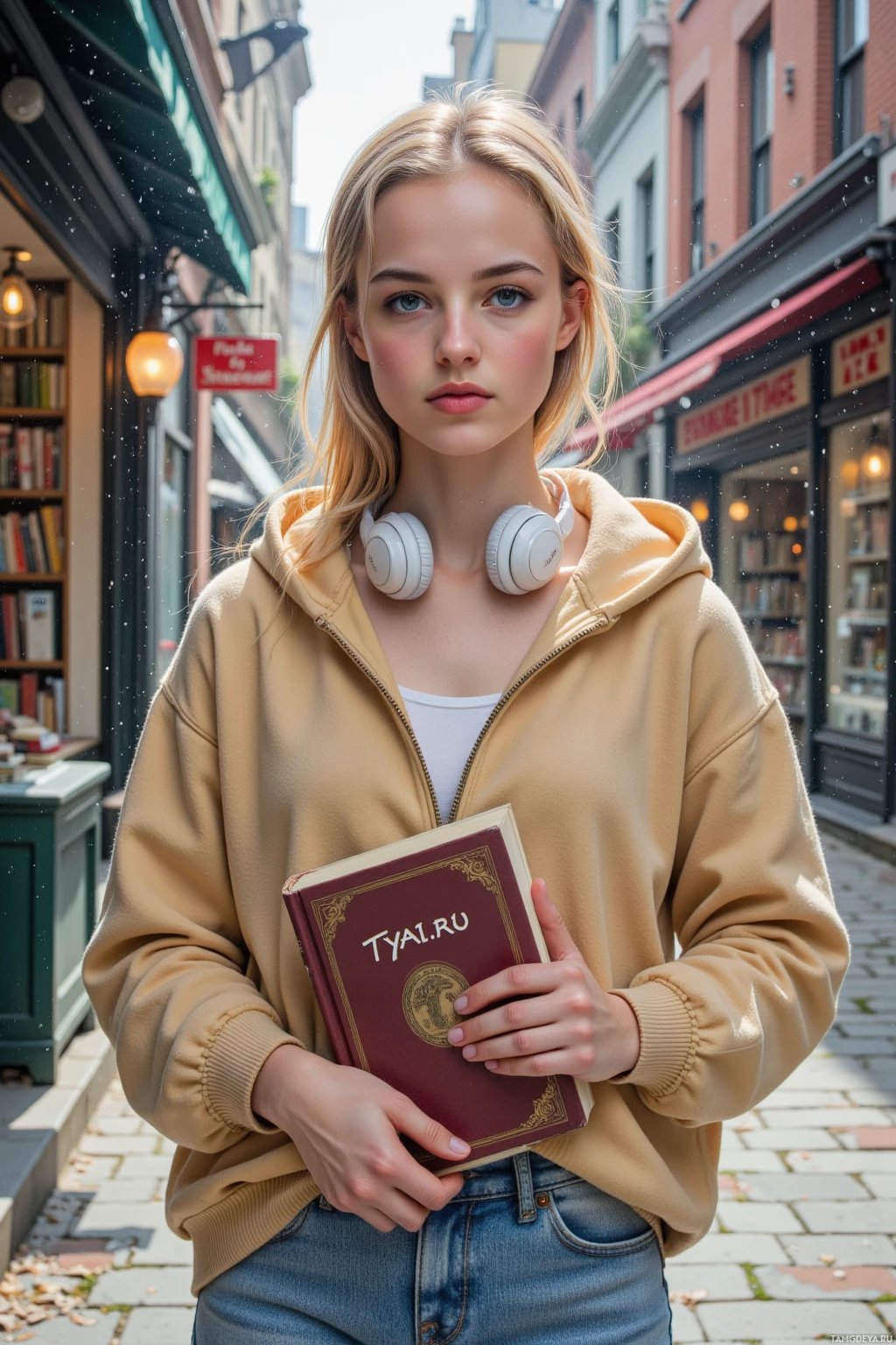 На улице стоит человек в бежевом худи и джинсах, держа в руках книгу и надетых наушников белого цвета.