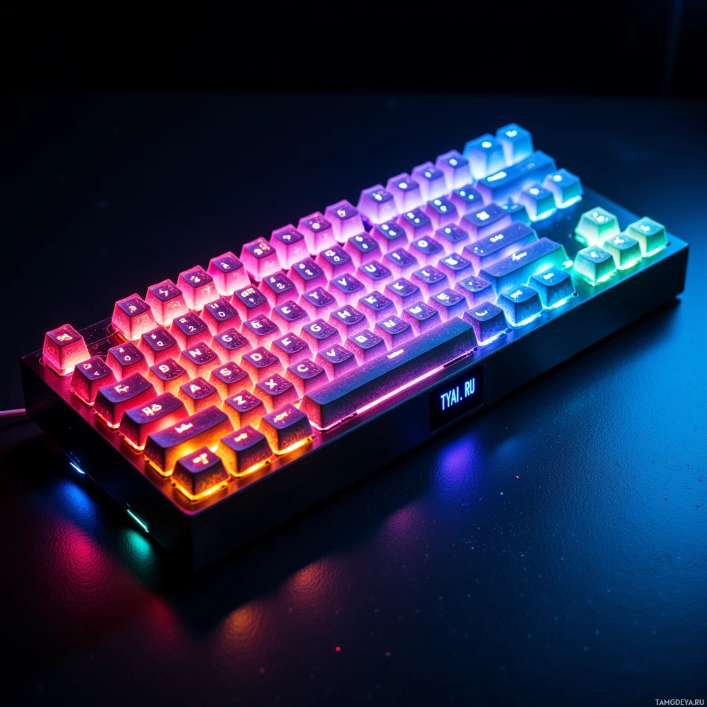 Механическая клавиатура с цветной RGB-подсветкой, светящаяся изнутри.