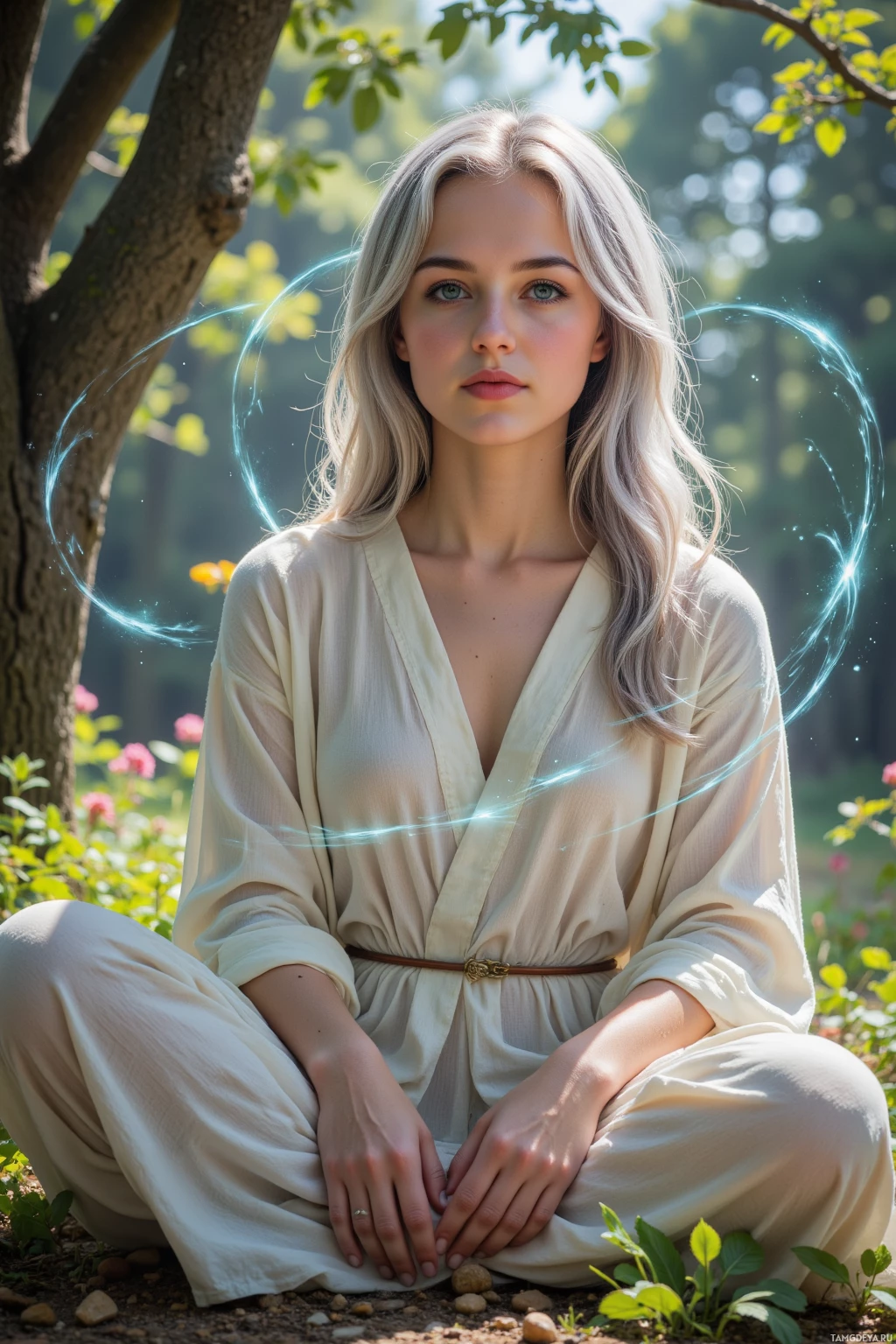 Realistic high quality photo. A serene woman with silvery hair, calm blue eyes, radiant sun‑kissed skin, wearing a flowing light tunic, seated in a quiet morning grove with dappled sunlight filtering through ancient trees, gently guiding a young student beside her while ethereal swirling energies glow around them.