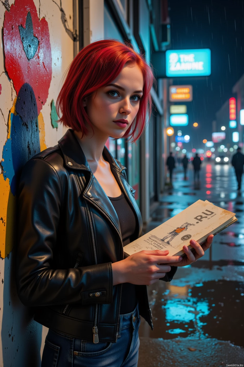 На стене стоит человек с рыжими волосами, держа в руках книгу, на фоне неонового городского пейзажа.