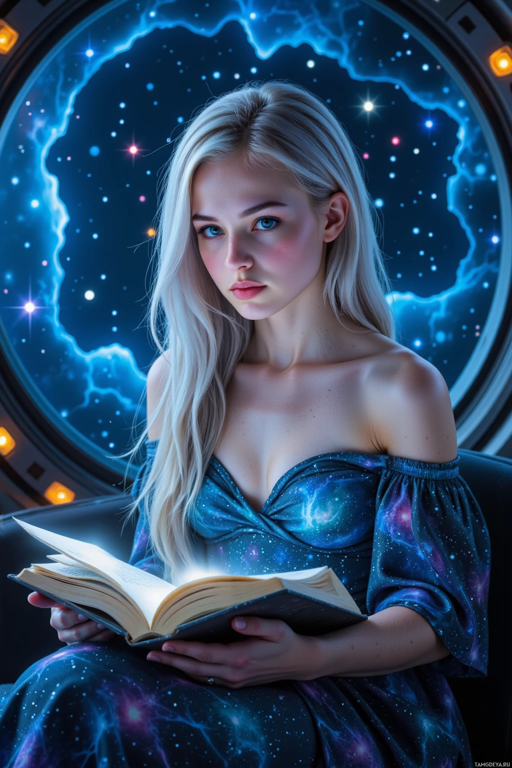 Человек в платье в галактической тематике читает раскрытую книгу на фоне космического пейзажа.