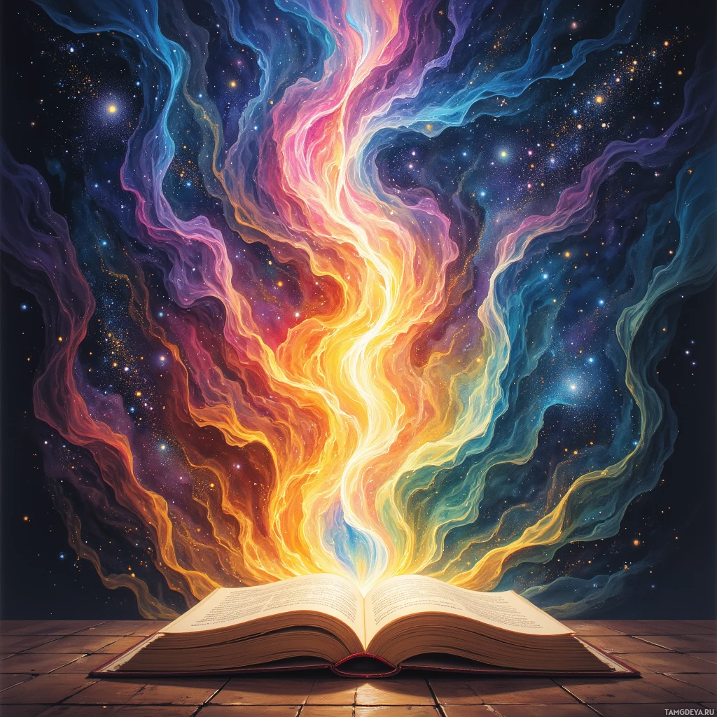 Открытая книга, из страниц которой вырываются разноцветные вихри энергии на фоне звездного неба.