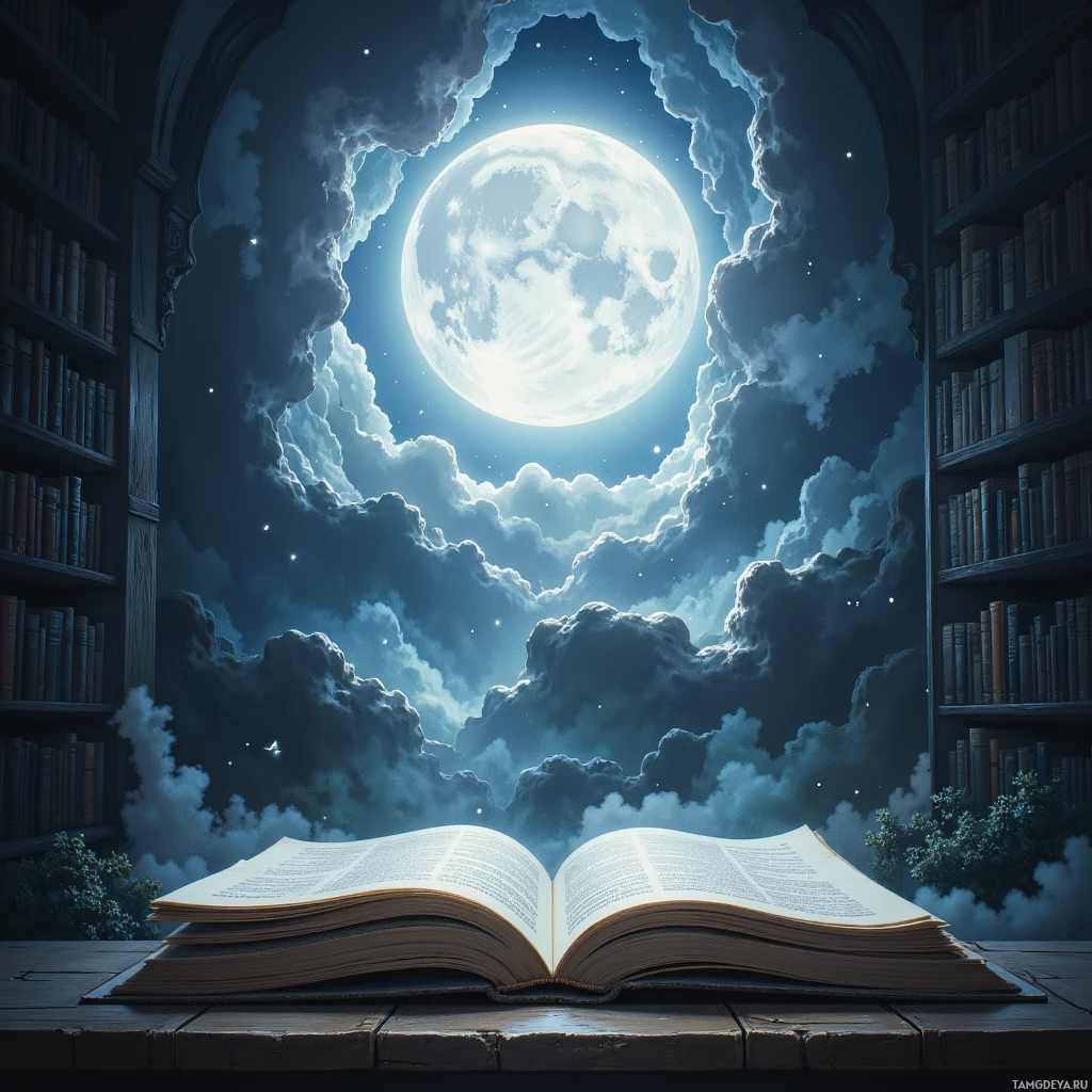На столе лежит раскрытая книга, обрамлённая книжными полками, а на заднем плане – ночное небо с полной луной и облаками.