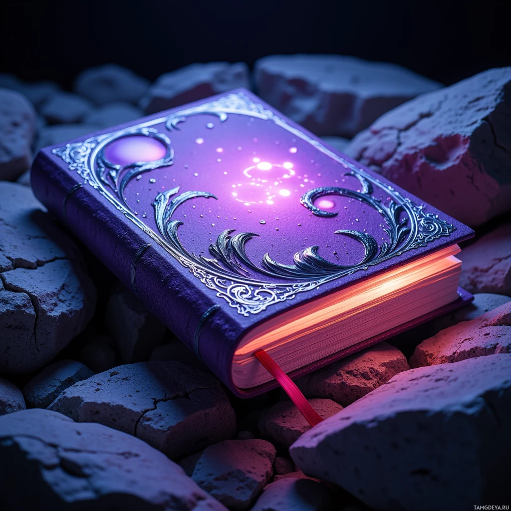 Semi-abstract image with many light, that is suitable for the post:  A self-writing journal with a matte violet cover, faint shifting silver pattern reminiscent of ocean waves, smooth edges, and amber-lit pages that glow softly when touched, with subtle luminous ink appearing on the pages.