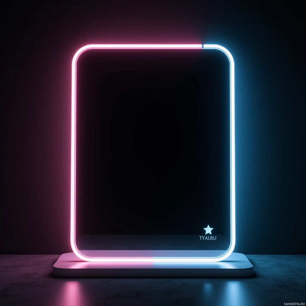 Светящаяся неоновая рамка с розово-голубыми огнями на темном фоне.