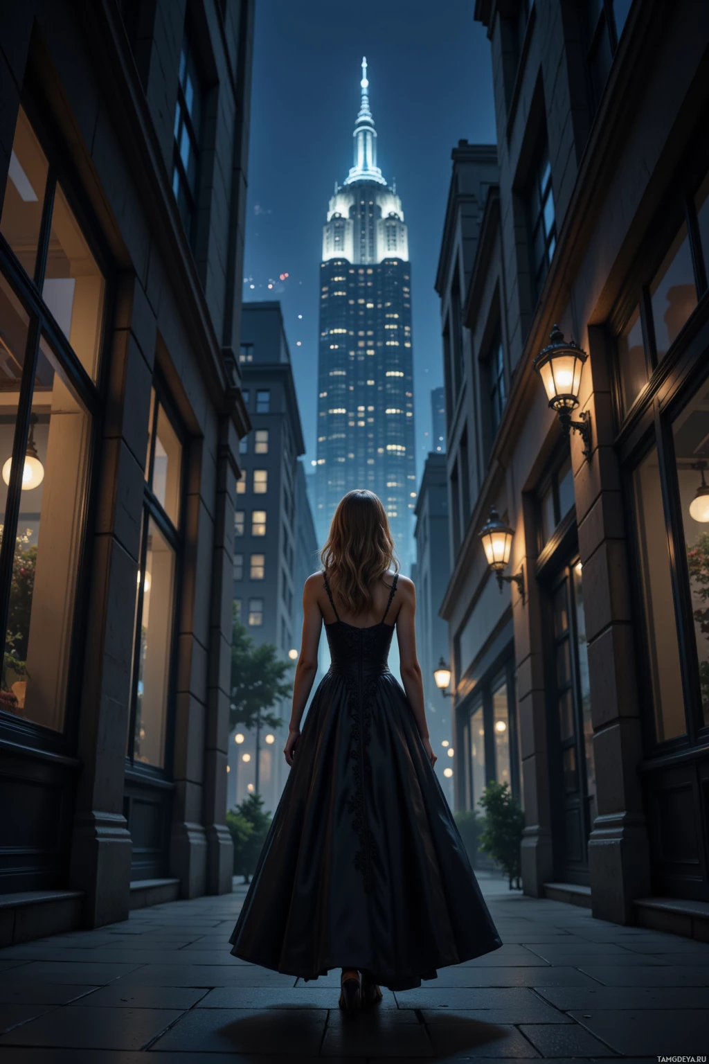 Женщина в длинном платье идет по слабо освещенному переулку к яркому Empire State Building ночью.