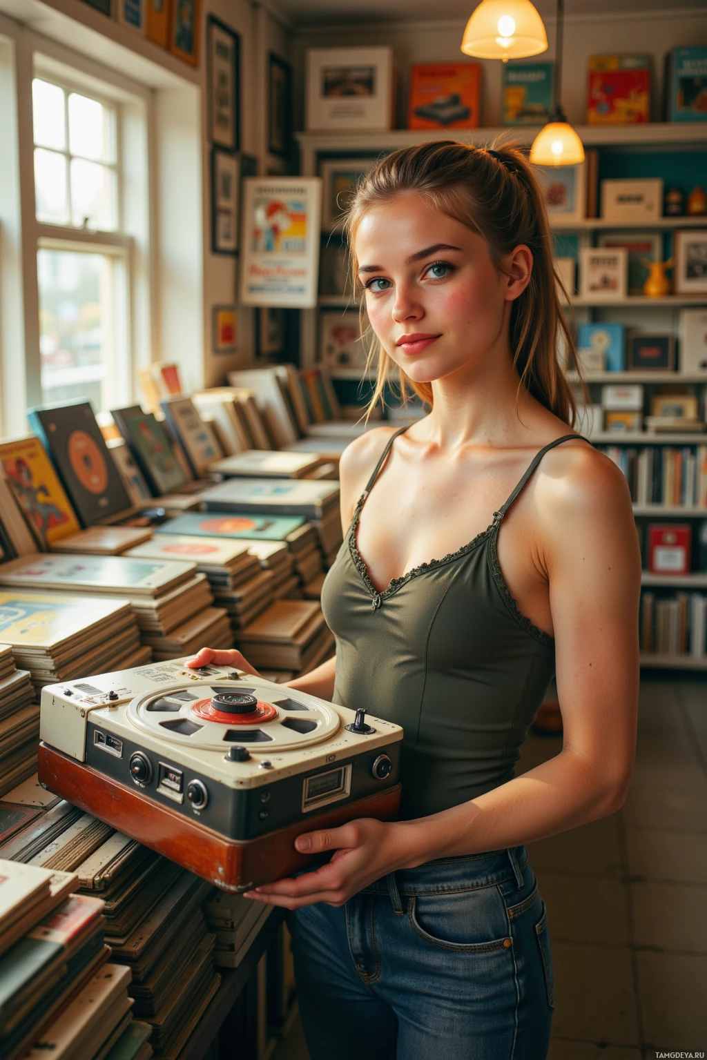 Человек стоит в комнате, заставленной книгами, держа в руках старинный катушечный магнитофон.