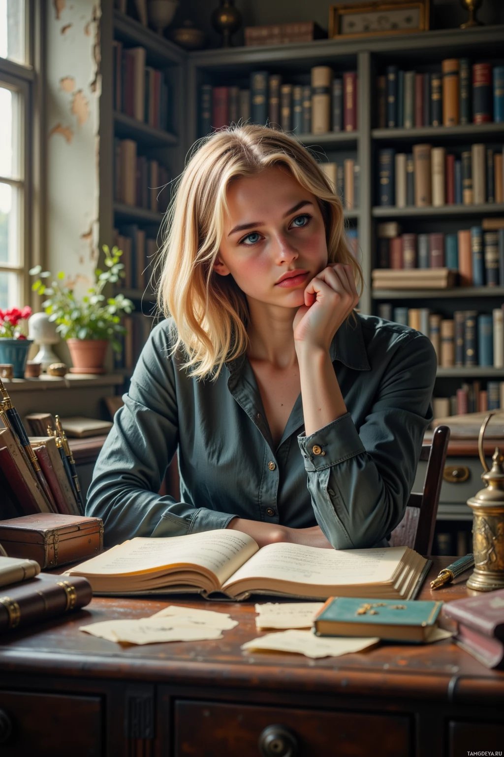 Женщина сидит за столом в библиотеке, окруженная книгами и бумагами, с задумчивым видом.