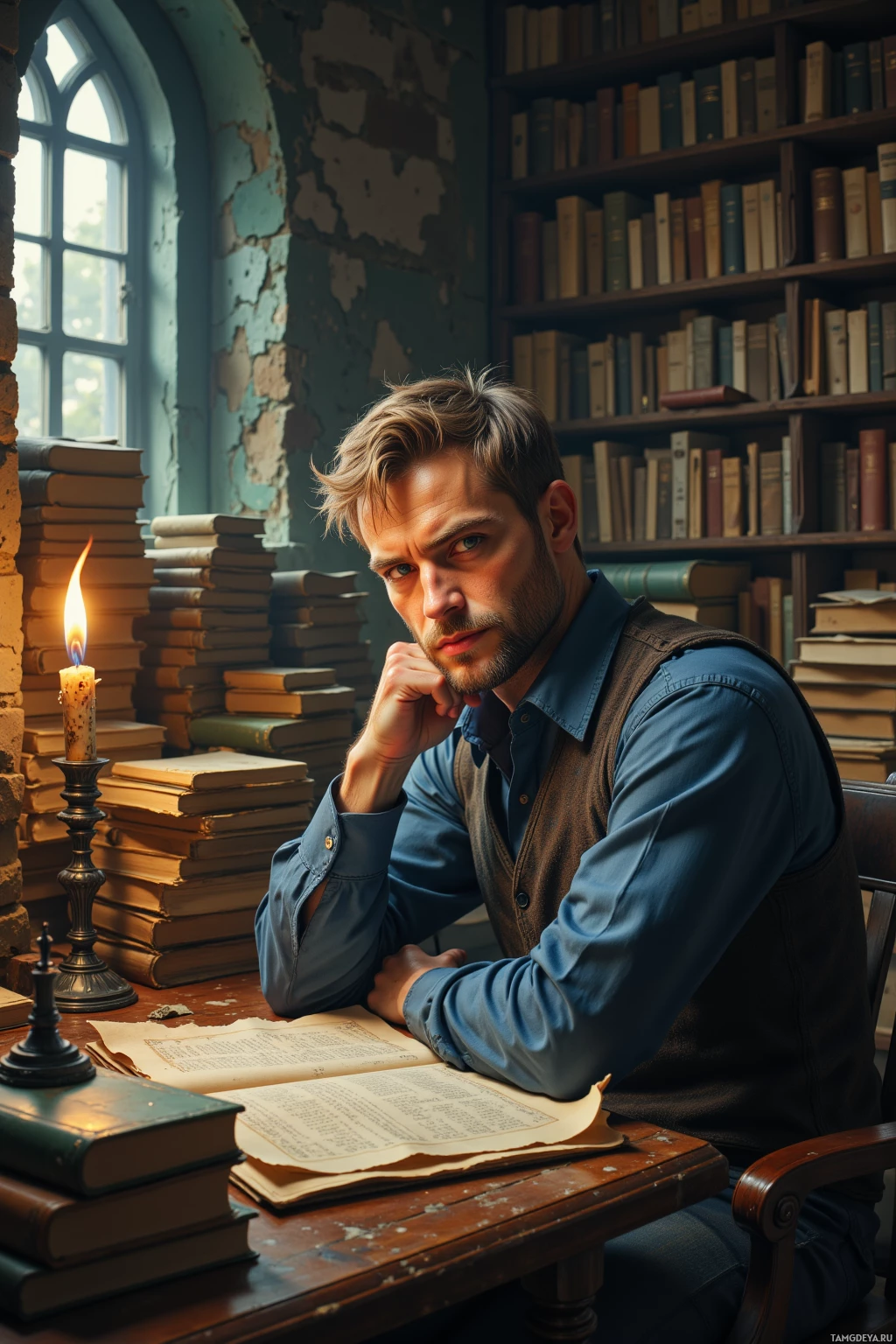 Мужчина сидит за столом в библиотеке, окруженный книгами и зажженной свечой, задумчиво глядя куда-то вдаль.